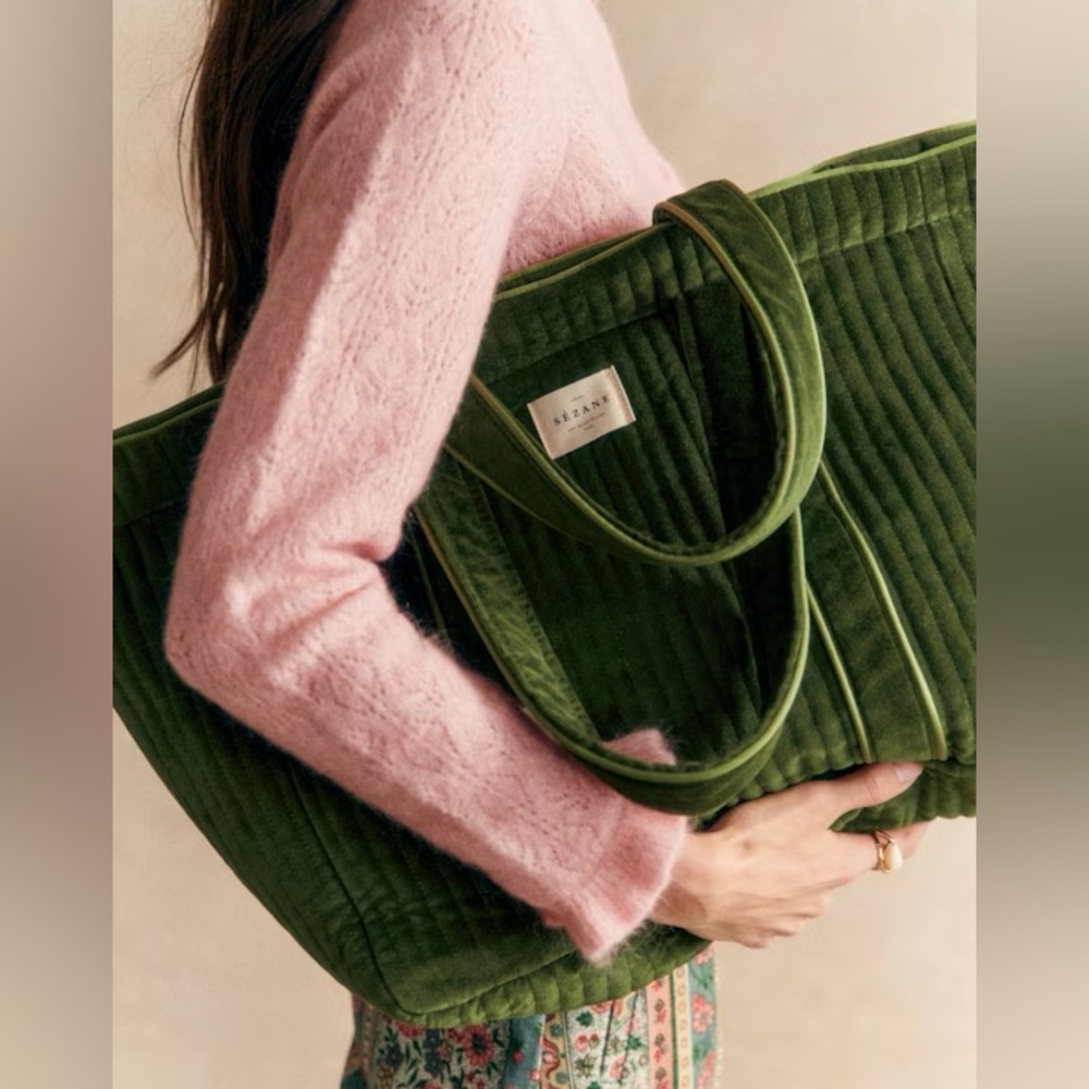 Sezane Green Velvet Padded Totebag.